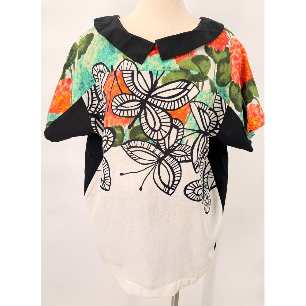 I'M Isola Marras Butterfly Floral Top Womens 40 Multicolor Peter Pan Collar Tie